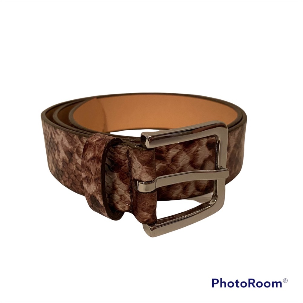 BRAVE LEATHER NEW BELT BROWN CREAM EMBOSSED LEATHER SNAKESKIN LOOK CANADA Size S - Picture 3 of 13